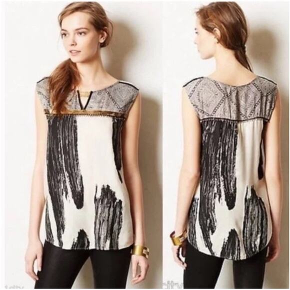 Anthropologie Tops - ANTHROPOLOGIE Floreat ink brushstroke tank w/sequin & bead detail size 0